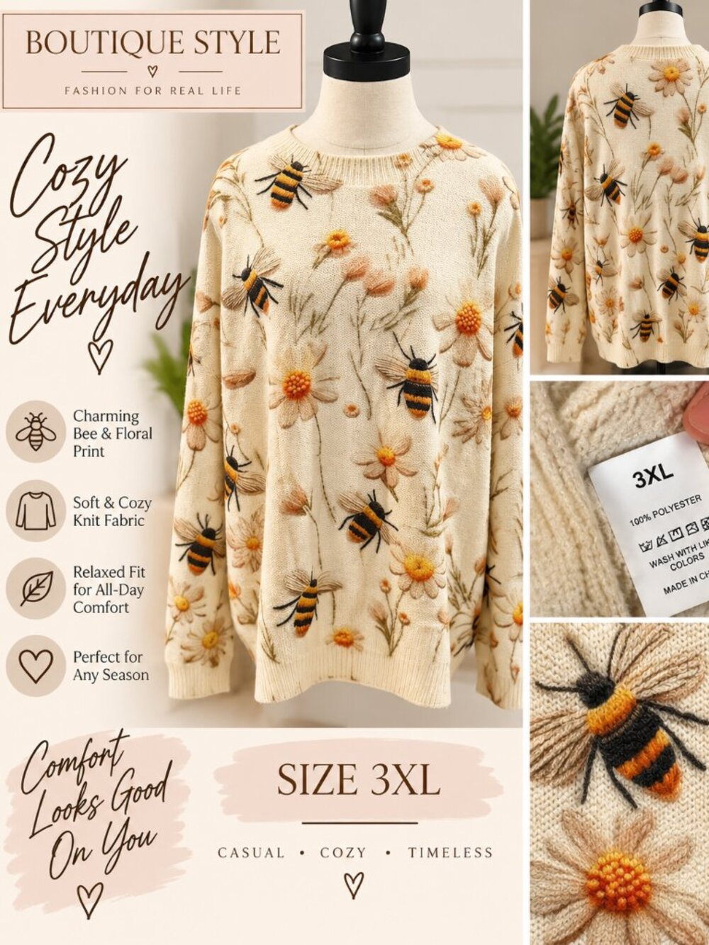 Cozy Boutique Style Bee & Floral Print Knit Sweater 3XL